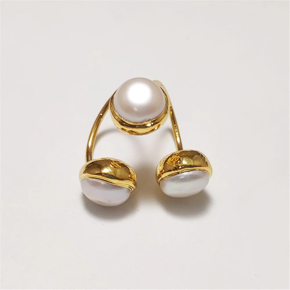 FUWO Wholesale Three Natural Fresh Water Pearl Cuff Ring,Golden Plated Trendy Women Elegant Hand Made Jewelry Gift 5Pcs RG060