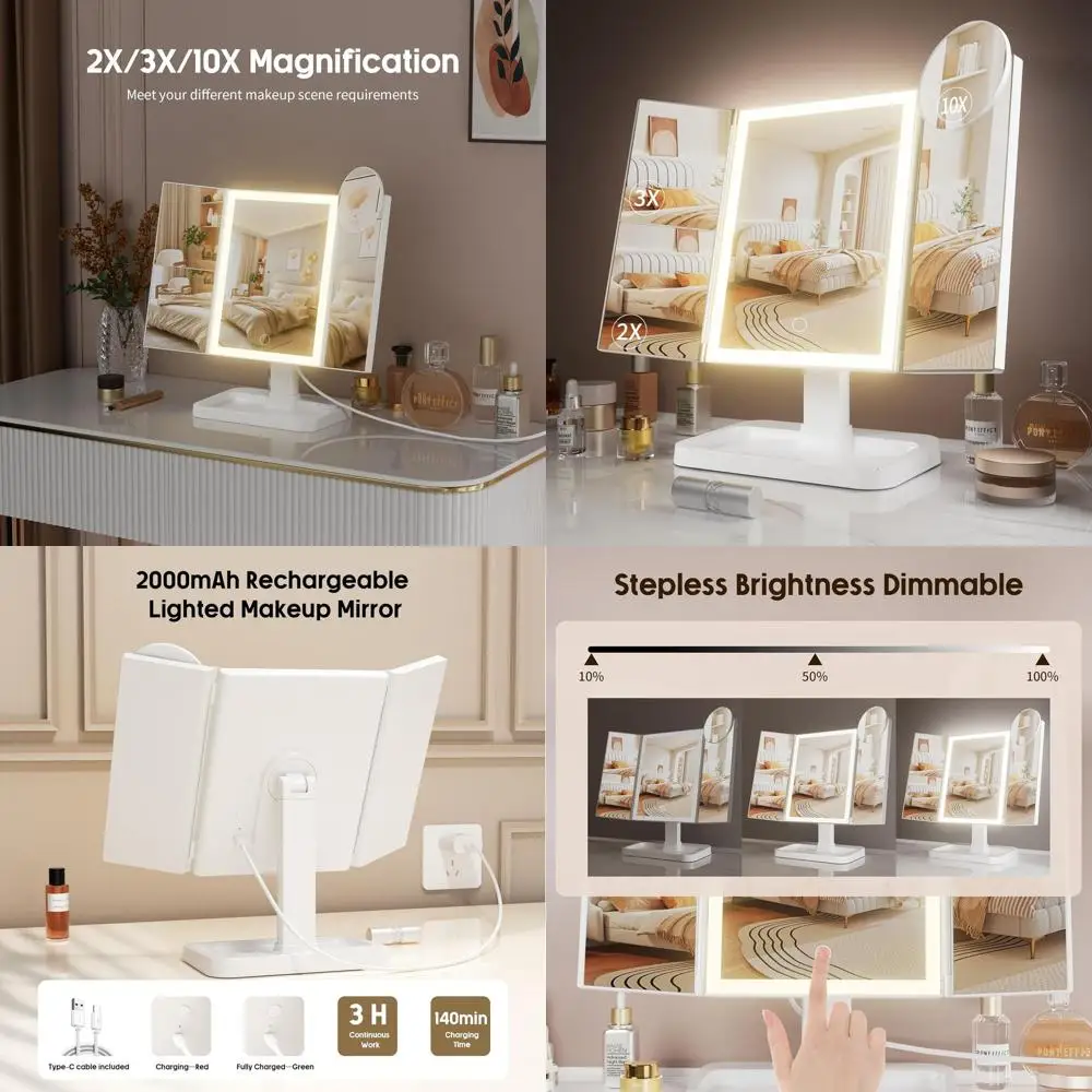 Illuminated Travel Makeup Mirror with Rechargeable LED, 2X-10X Magnification & 3 Light Colors for Portable Use & Gifts