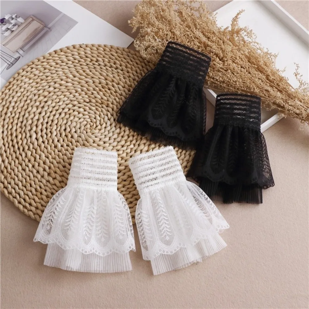 1 Pair Versatile Elegant Fake Cuffs Detachable Solid Color False Cuffs Thin Embroidery Pattern Lace Sleeves For Women