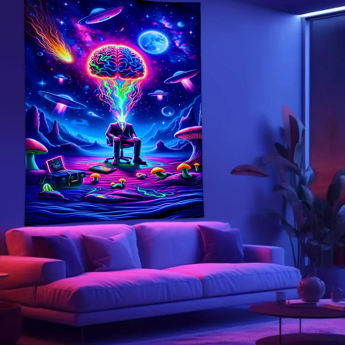 1pc Fluorescent alien tapestry, UV black light tapestry, fantasy UFO space room living room decoration wall hanging