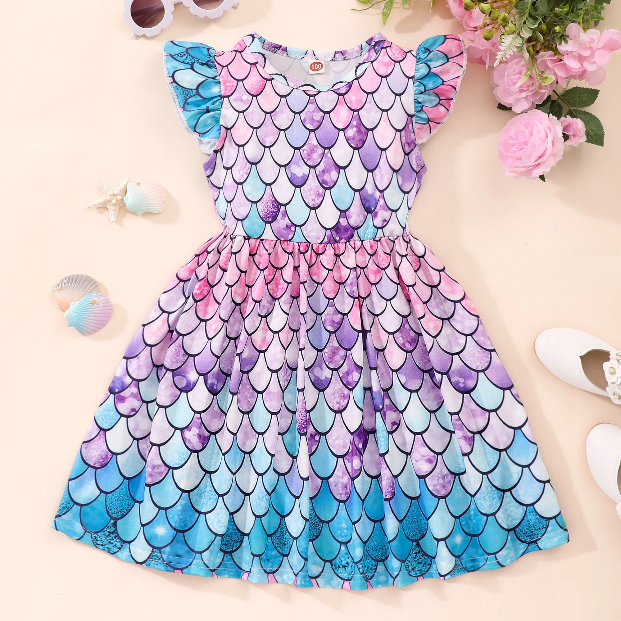 Gradient Fish Scale Print Flutter Trim Dress For Girls Summer Holiday Party