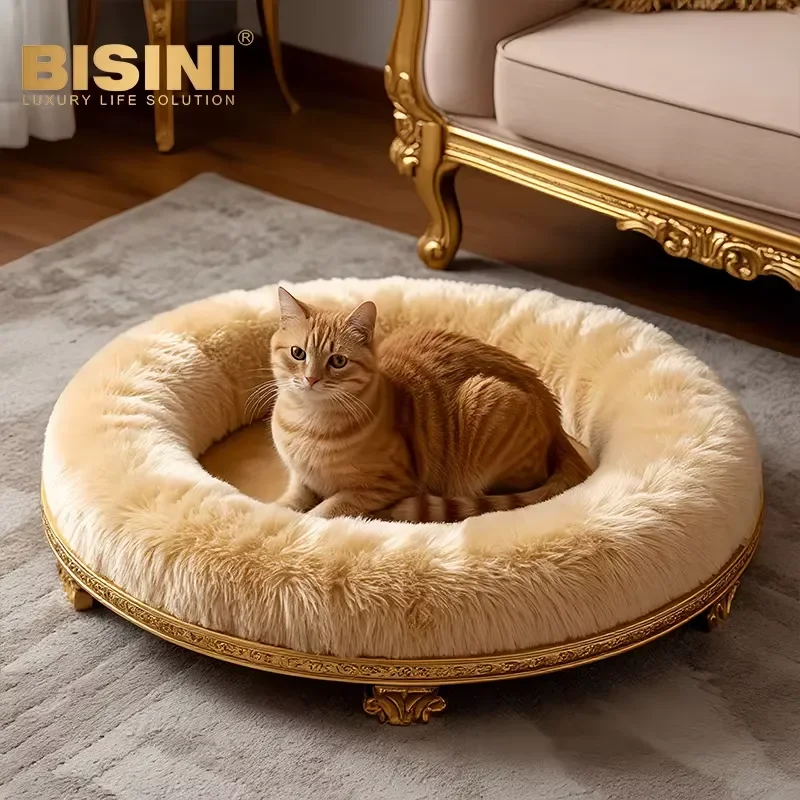 French Circular cat and Dog Bed, Solid Wood Carving, Flower cat and Dog Bed, Plush Luxury Pet, Indoor Small Dog and cat Mat