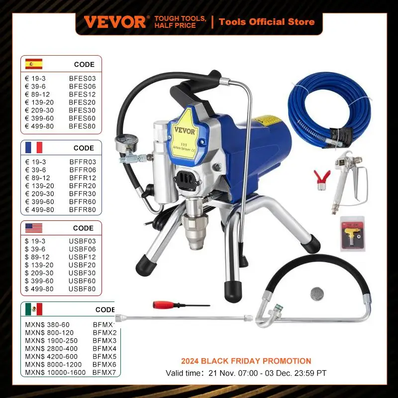 VEVOR Airless Spraying Machine Professional Ultra Silent Wall Paint Spray Gun 3000PSI-Pressure 2.5L/Minute-NoLoad Displacement