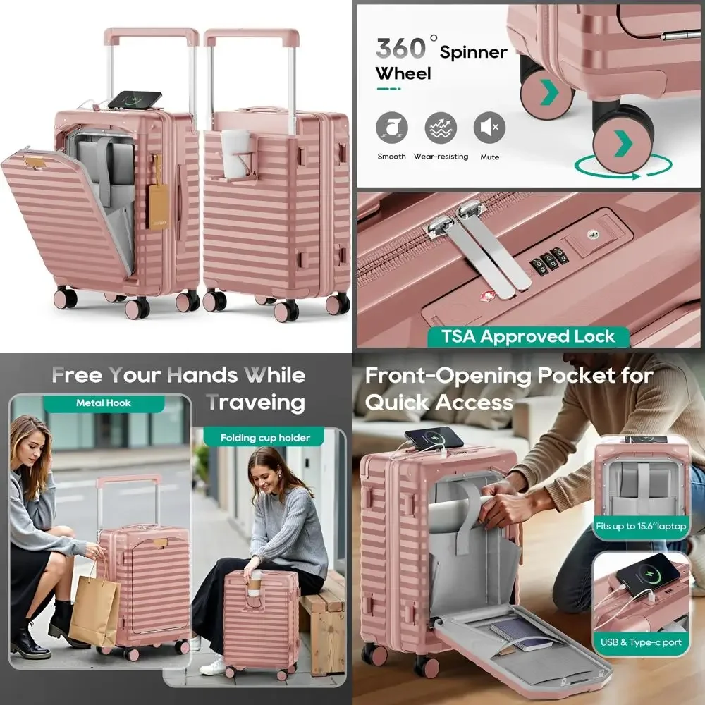 Maleta de mano rígida de 20 pulgadas con puerto USB, bolsillo frontal y portavasos: equipaje de viaje ligero para viajes aéreos