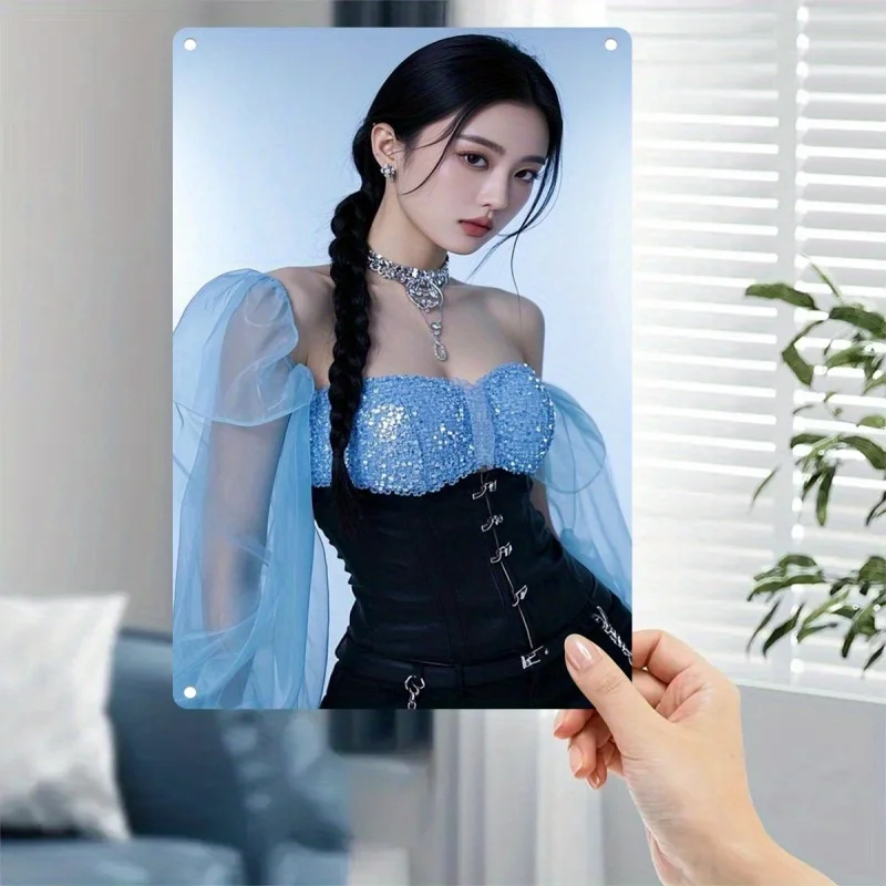 

Rustic Retro Advertising Sign for Home Decor，Korean Drama Inspired Metal Poster - Turquoise & Black Vintage Female Character - H