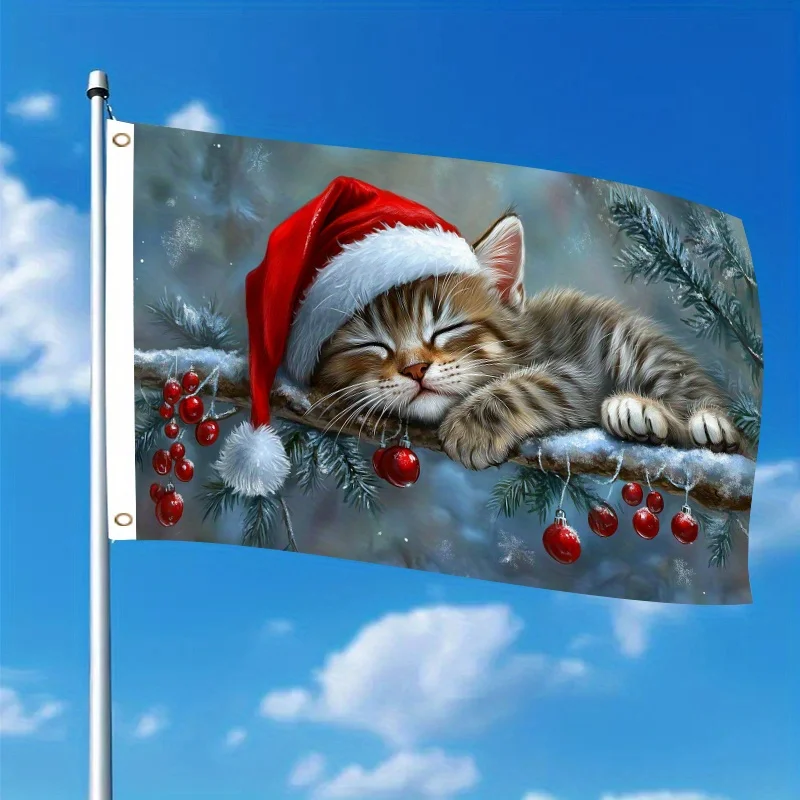 1pc Festive Winter Cat House Flag 3x5ft Santa Hat Kitten Design, Durable Polyester Single-Sided Hanging with Two-Hole Ring