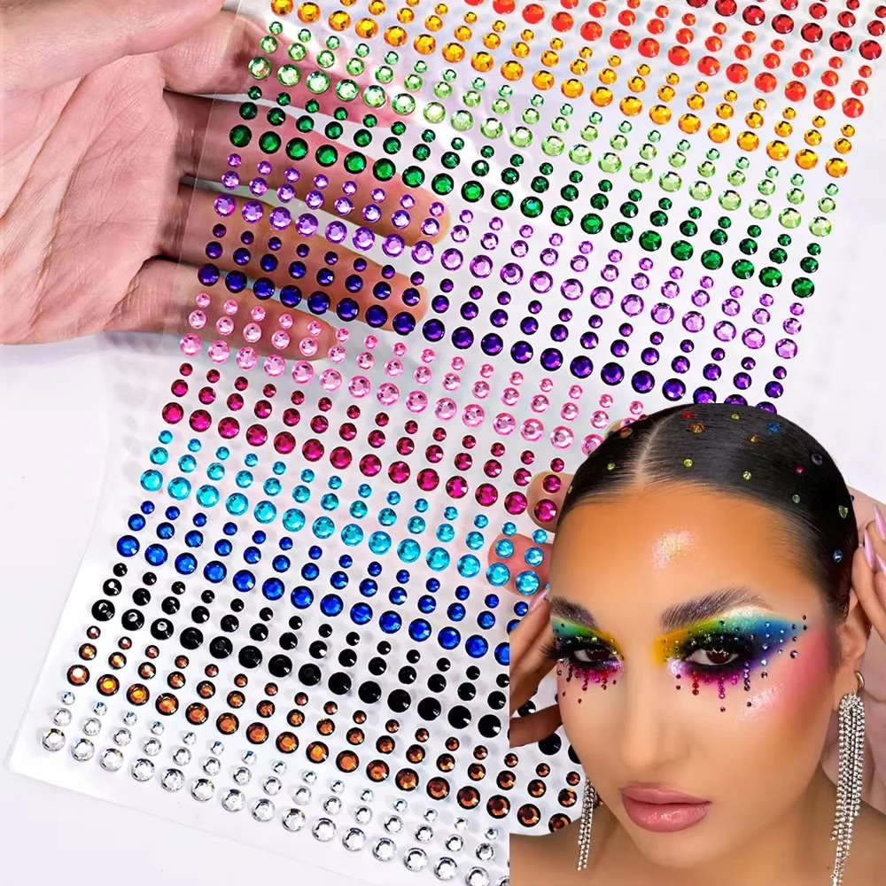 162/165/900pcs Eye&Face&Body Diamond Tattoos Stickers 3/4/5/6mm Colored Glitter Rhinestone Tattoo for Party Makeup Gem Accessory