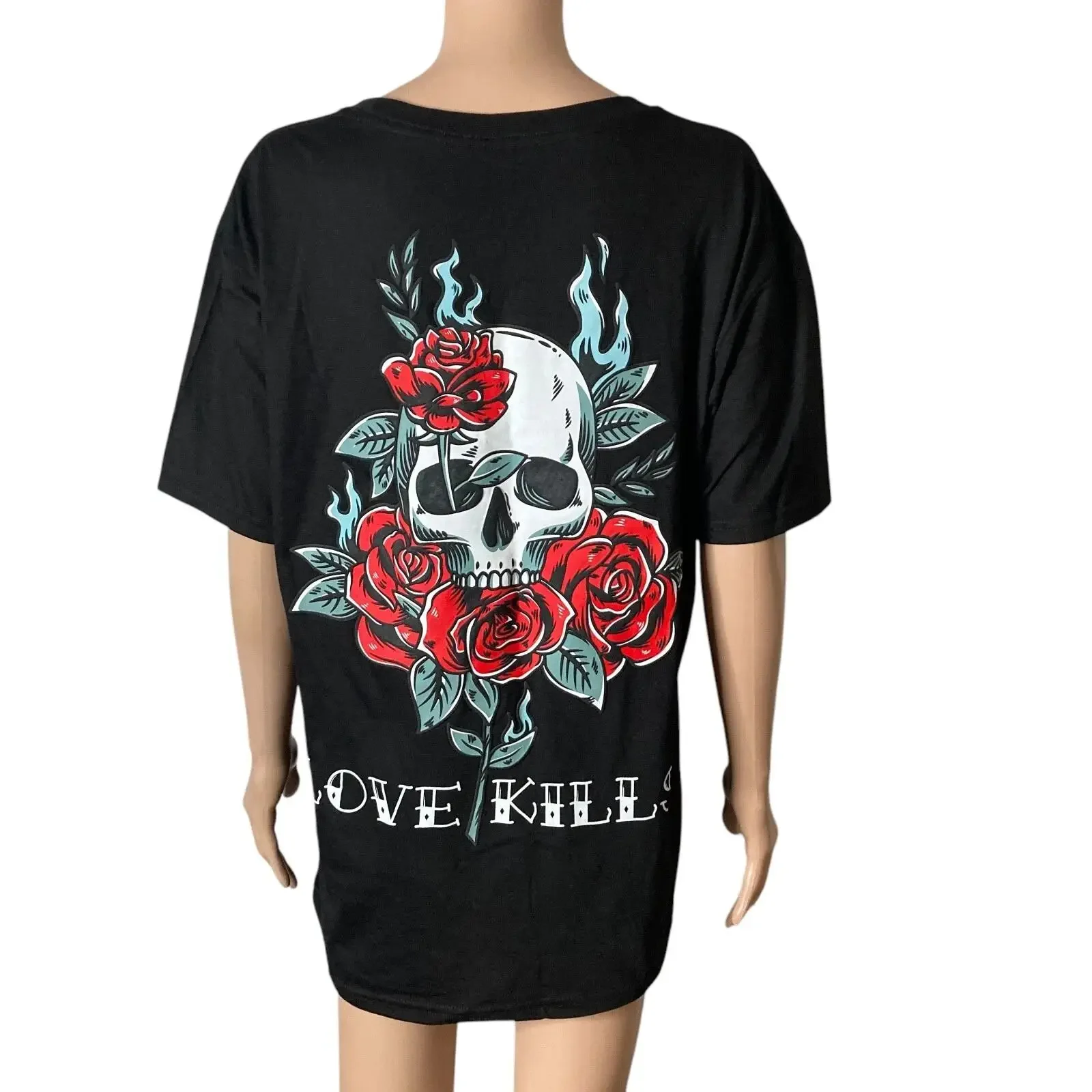 Love Kills T shirt Mens Large Skull Roses rgstr couture vintage Washed Top For Everyday Wear Breathable Casual fashion graphic