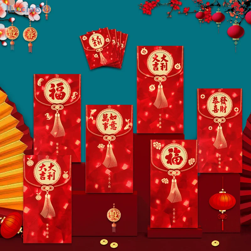 Sac Rouge pour Nouvel An Chinois, Enveloppes Rouges pour ixdu Printemps, Poches Porte-Bonheur 3D pour Argent, 6 Pièces