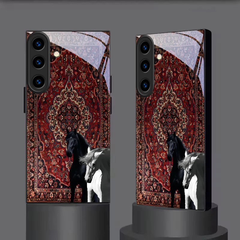 Antique Floral Pattern Black Glass Phone Case For Samsung Galaxy S24 FE S23 S22 S21 S20 Plus S26 Ultra S25Edge S25 26 Back Cover