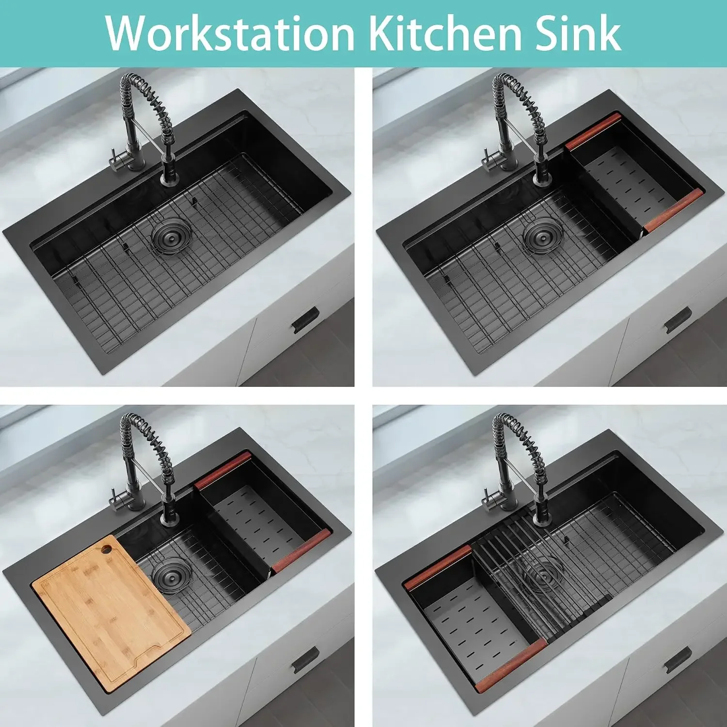 33x22 Black Kitchen Sink, 16 Gauge Stainless Steel Drop In Workstation Sink | 9" Deep Single Bowl Top Mount Sink with Handmade D view 5