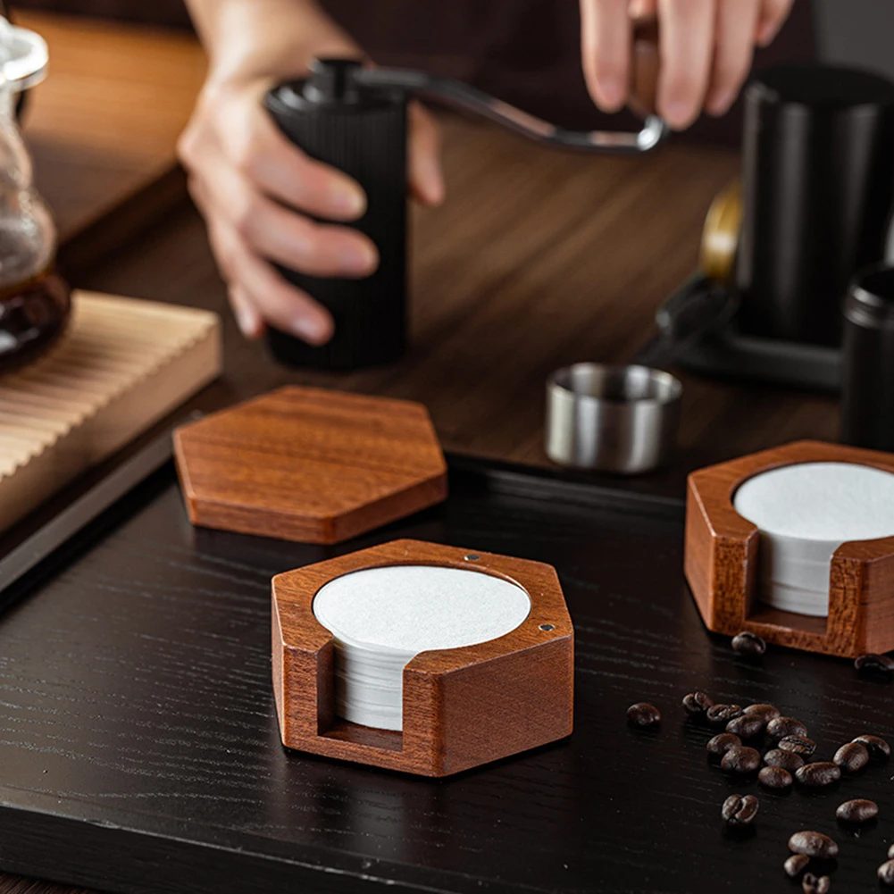 

51/53/58MM Coffee Filter Paper Box Solid Wood Round Mocha Pot Filter Paper Box With Cover Lid Coffee Paper Filter Storage Box