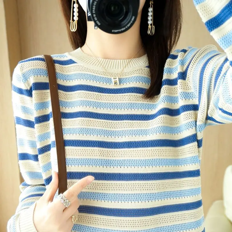 

Women Knitted Striped Print Sweater Female Casual Long Sleeve Pullover O-Neck Oversized Streetwear Warm G554