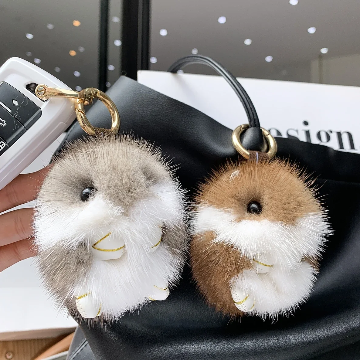 8cm Cute Mini Hamster Pendant Keychain Children Luxury Real Mink Fur Doll Toy Bag Car key Charms Ornament Keyring Trinket Gifts