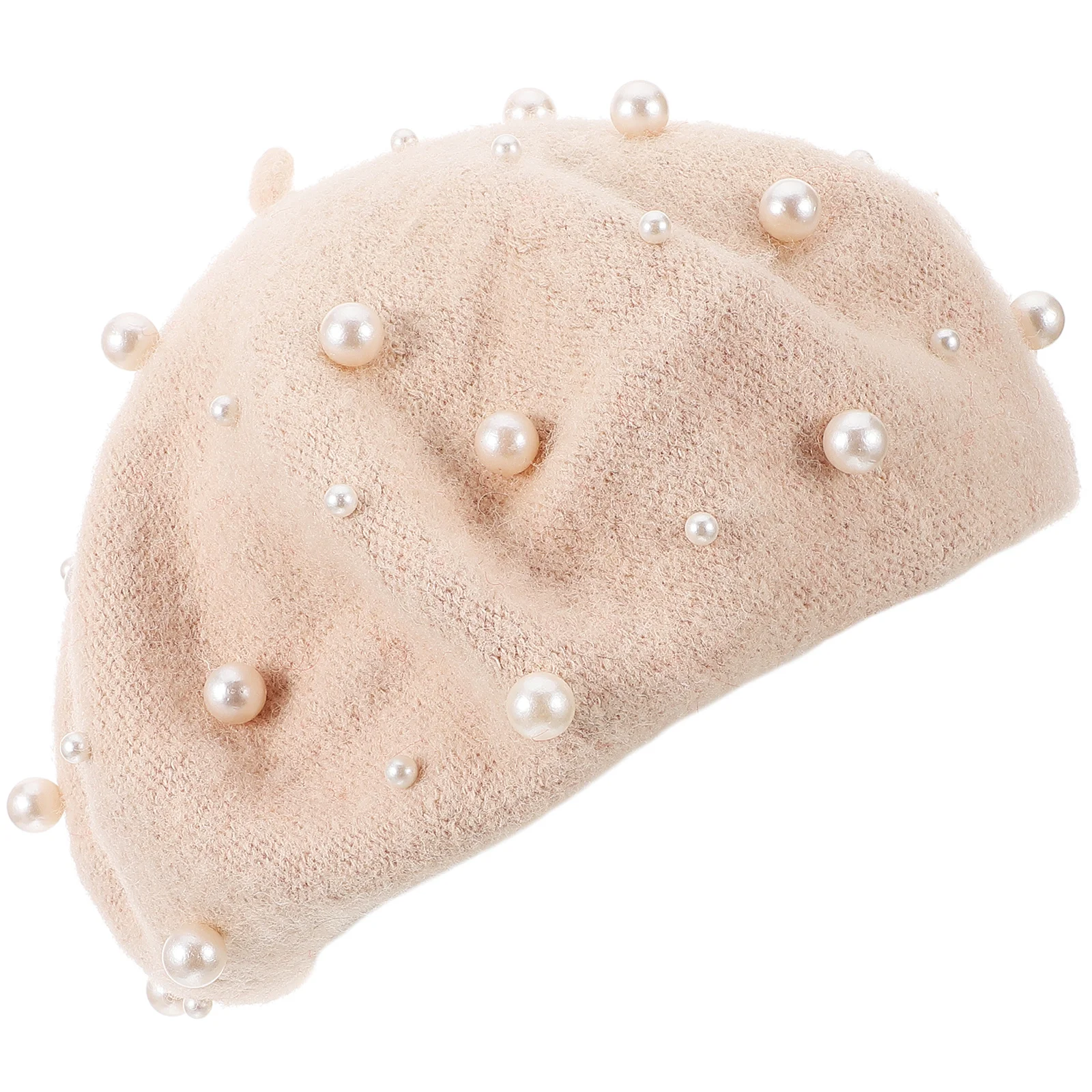 

Women's Pearl Beret Autumn Winter Cashmere Heavy Work Beret Beige Free Size Beaded Rivet Hat