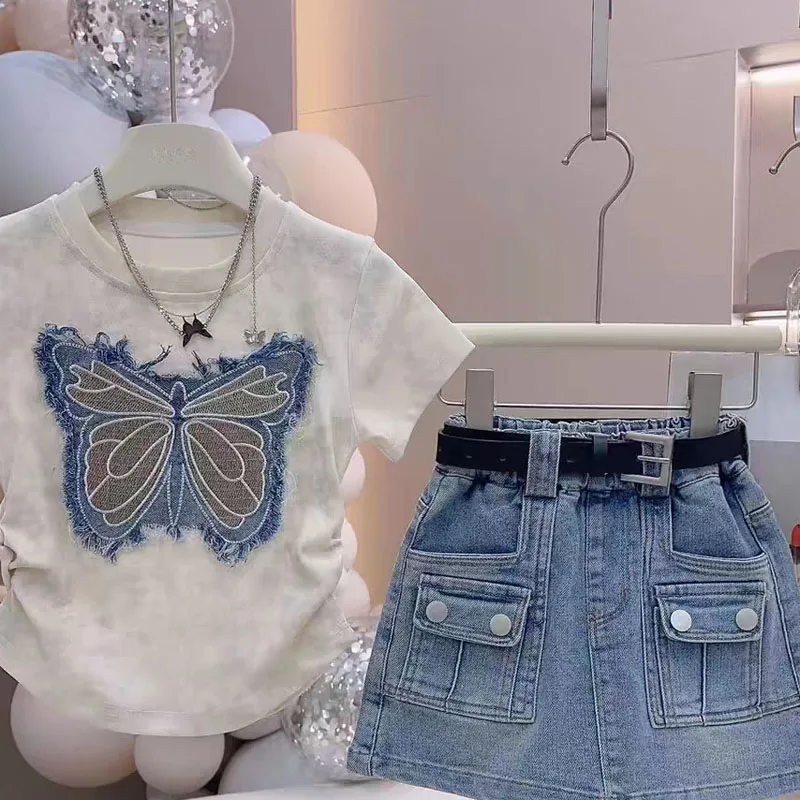 Girls Clothing Sets Summer Personalized Ragged Fabric Splicing Embroidered Short sleeved Top+Children\'s Casual Denim Skirt Suits