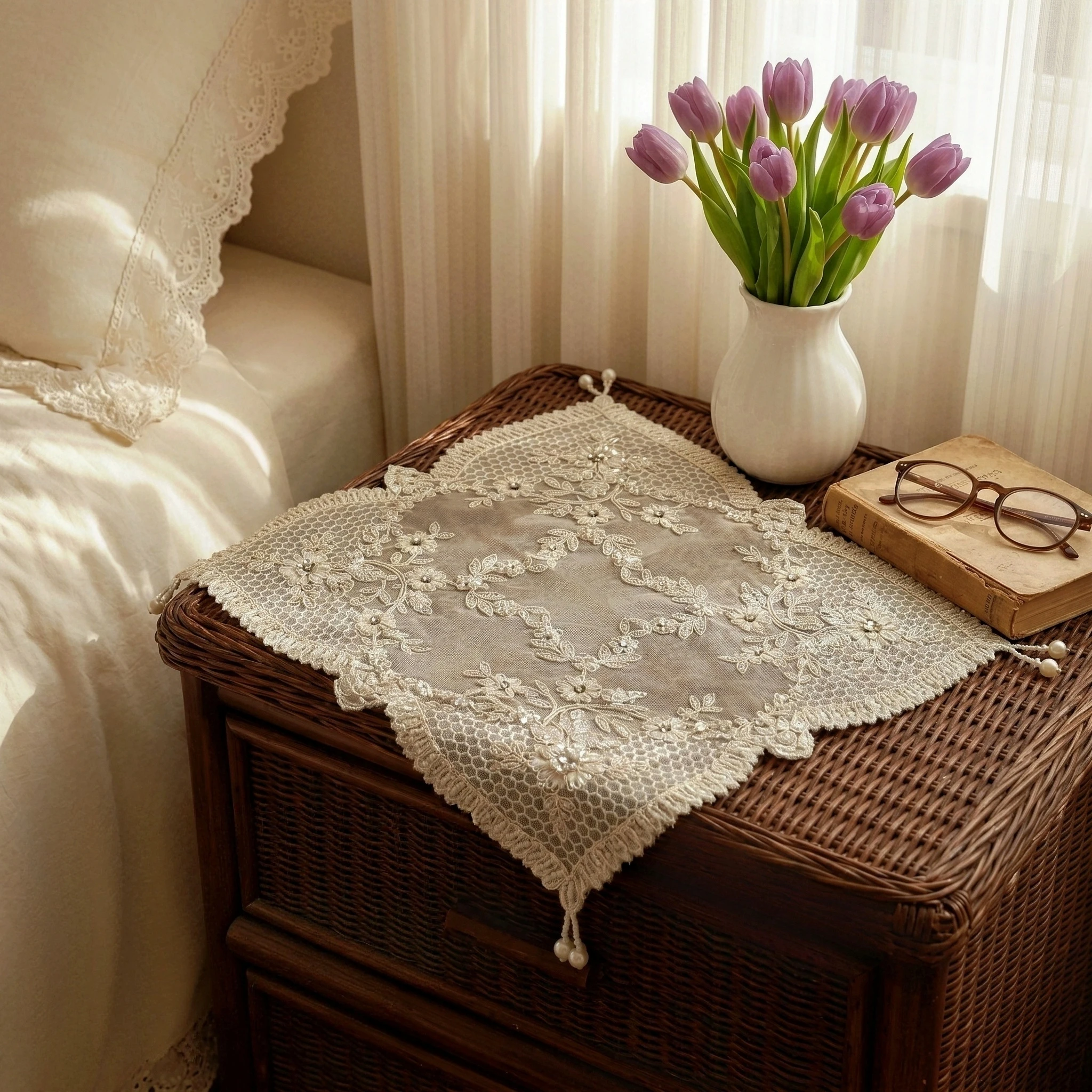 2pcs Vintage Lace Table Cloth With Pearl Beads Breakfast Placemat Sets Wedding Party Table Decor Home Furniture Dust Cover view 5