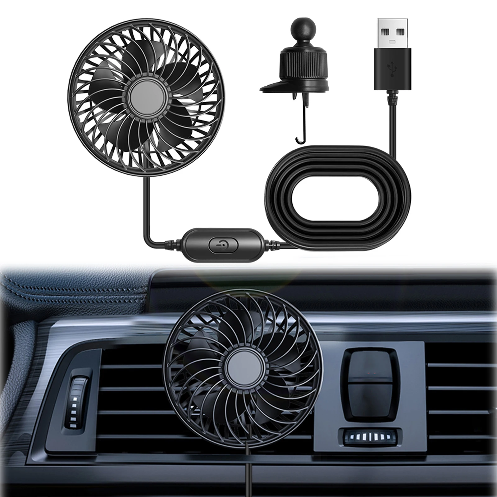 USB Powered Cooling Air Fan Vent Clip Vehicle Fan 3 Speeds Quiet Brushless Motor 360 Rotatable for Vehicle SUV Truck Van RV