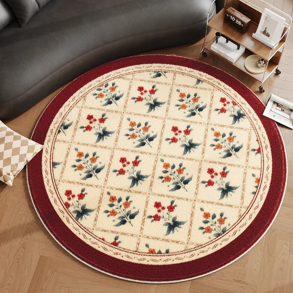 Round Beige Area Rug with Red Floral Pattern Green Leaves Non-Slip Carpet for Living Room Bedroom Home Decor Soft Floor Mat