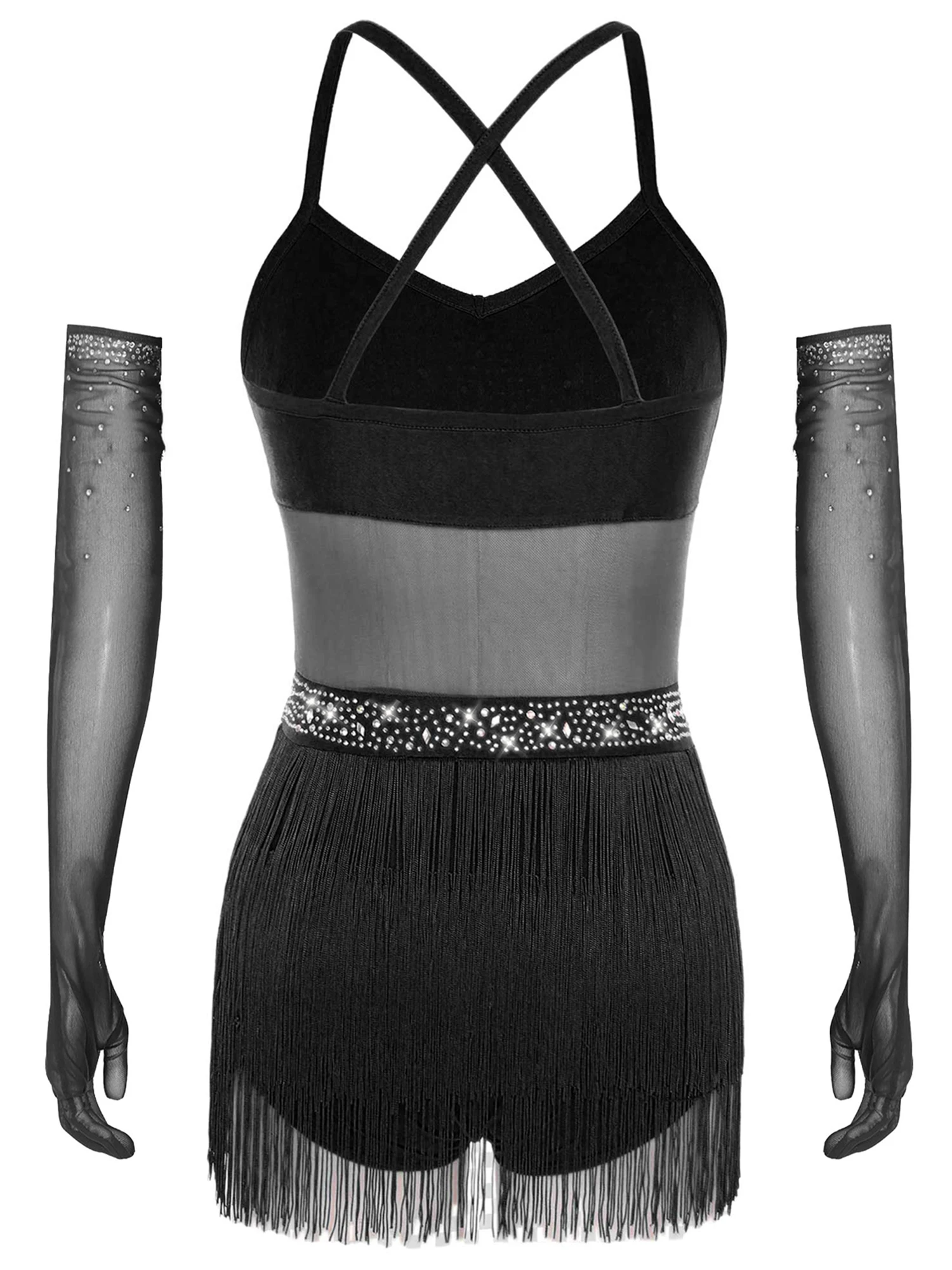 Sukienka do tańca latynoamerykańskiego z rękawiczkami, przezroczysta siateczka, warstwowa sukienka z frędzlami i długie rękawiczki do tańca tango i tańca towarzyskiego.