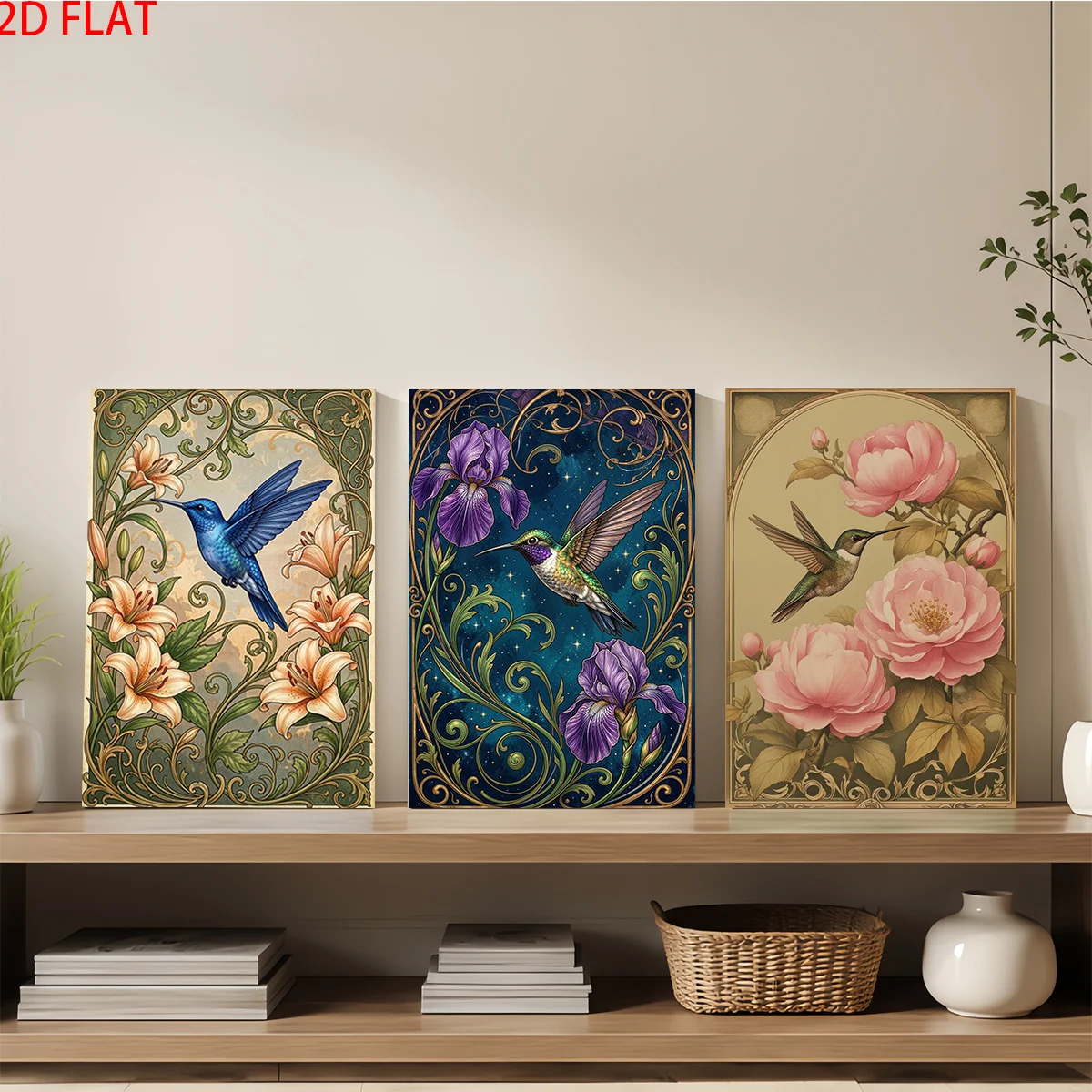 Frameless canvas 2D Flat 3pc Wood Frame Canvas Wall Art – Three paintings with hummingbirds and flowers in ornate frames. per