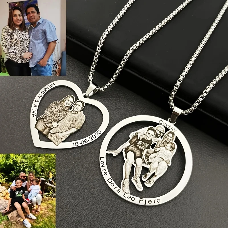 

Personalized Custom Men Women Heart Shaped Circular Couple Photo Name Pendant Necklace Stainless Steel Jewelry Souvenirs Gift