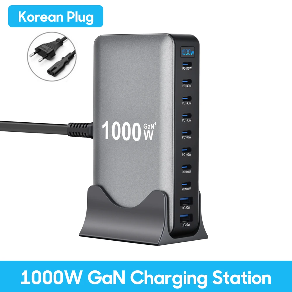 1000W 10-poorts GaN desktopadapter 140W PD snel opladen voor MacBook Pro laptop, 100W voor telefoontablet, multi-poort USB-hubstatio