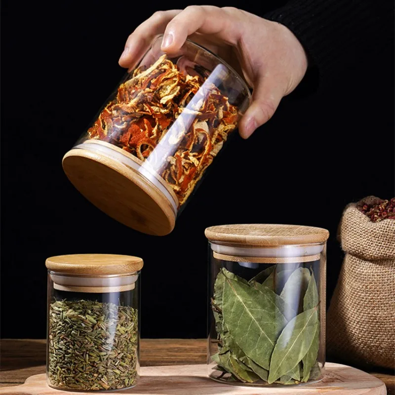 Kitchen Storage Food Container Round Glass Storage Jars with Bamboo Lid for Kitchen