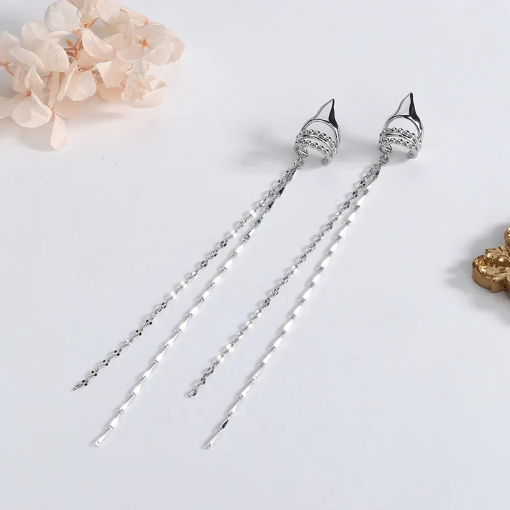 Punk Goth Stainless Steel Fake Piercing Long Chain Tassel Multi-layer C Clip Earrings for Women Stackable Fairy Ear Cuff Jewelry