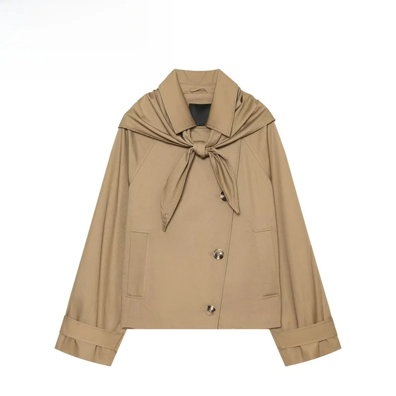 Fashionable Short Casual Style Women's Coat Versatile Scarf Accessory Polyester Fiber Long Sleeve Button Closure Outerwear