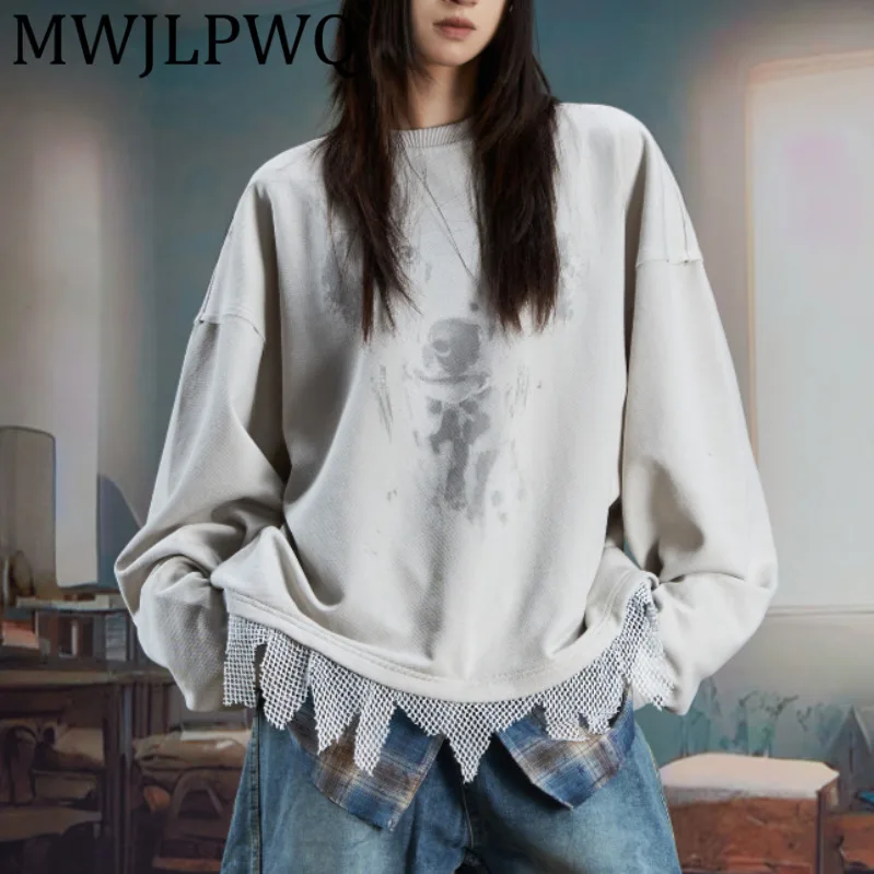 

MWJLPWQ Fake Two-Piece Patchwork Layered Design Sweatshirt Men's Loose Round Neck Pullover Street American Style New Tops 11914