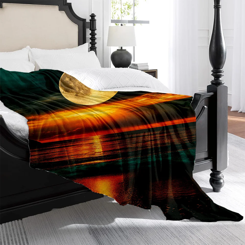 1pc Monet-Inspired Impressionist Sunrise Sunset Moon Seascape Plush Blanket - Green & Golden Ocean Waves with Turquoise to Deep
