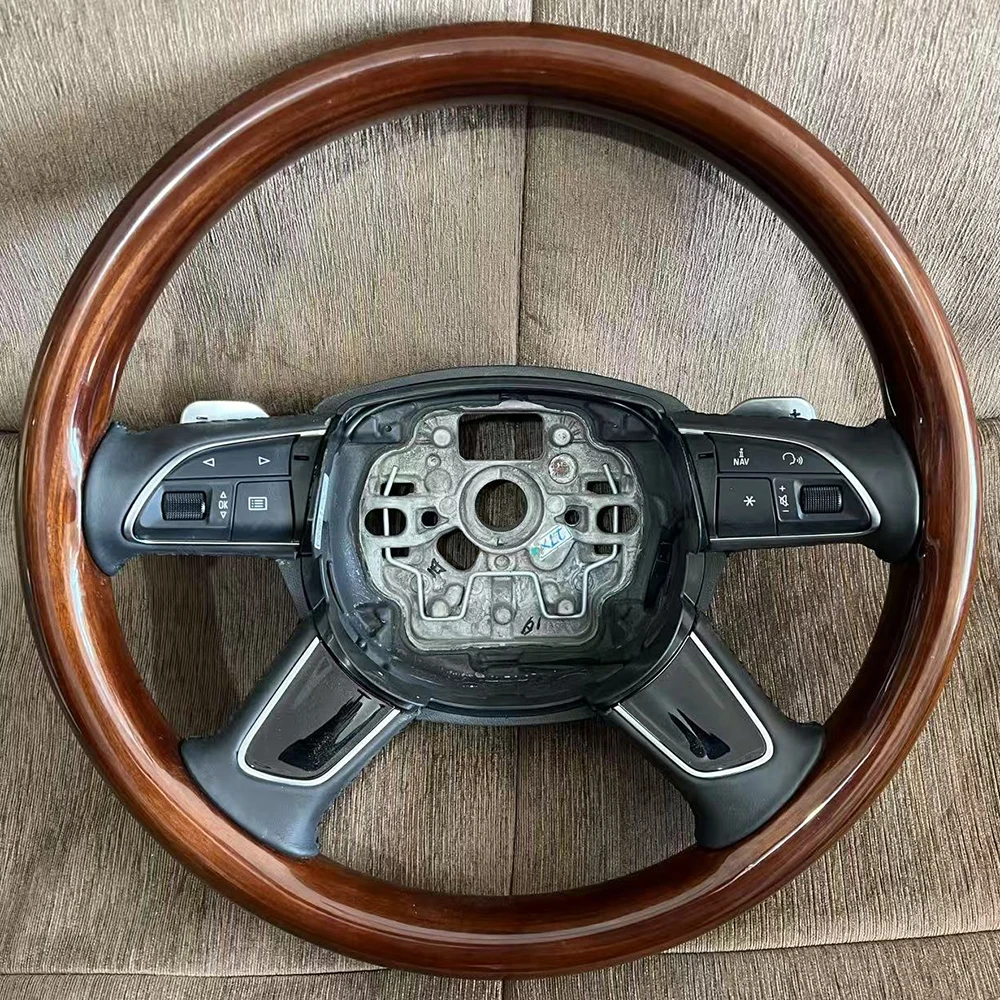 For Audi A6 C7 Smooth Wood Multifuncal Steering Wheel with Key Button Assembly