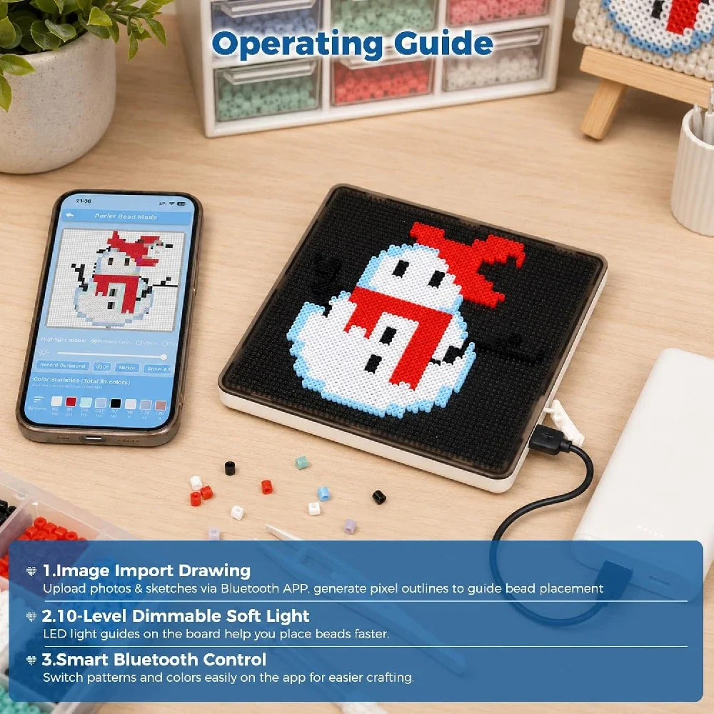App Controlled Pixel Art Beads Tray, LED Light Up Fuse Beads Pegboard for 2.6mm Mini Melty Beads DIY Gift