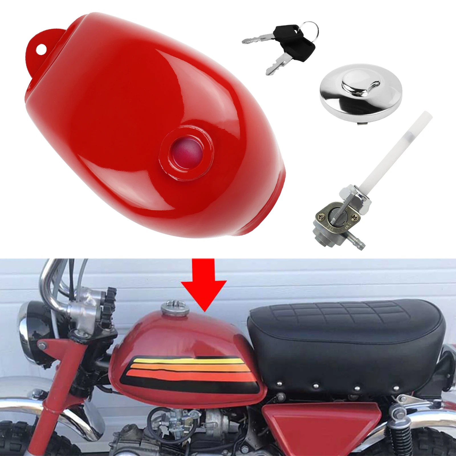 Fuel Gas Tank Petrol Tank with Cap, Key & Petcock Fuel Tank for Honda Mini Trail Z50 Z50J Z50R Clone Monkey Bike Dirt Bike