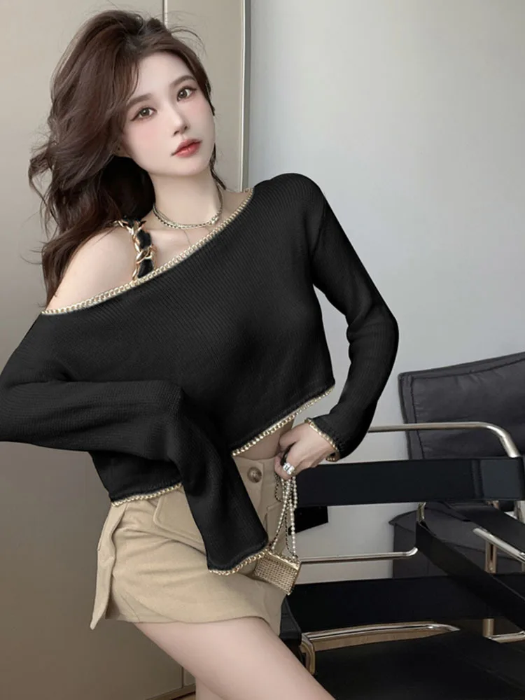 Patchwork Chain Slim Sexy Solid Knitted Pullover Women Square Collar Long Sleeve Tops Female Style 2023 New