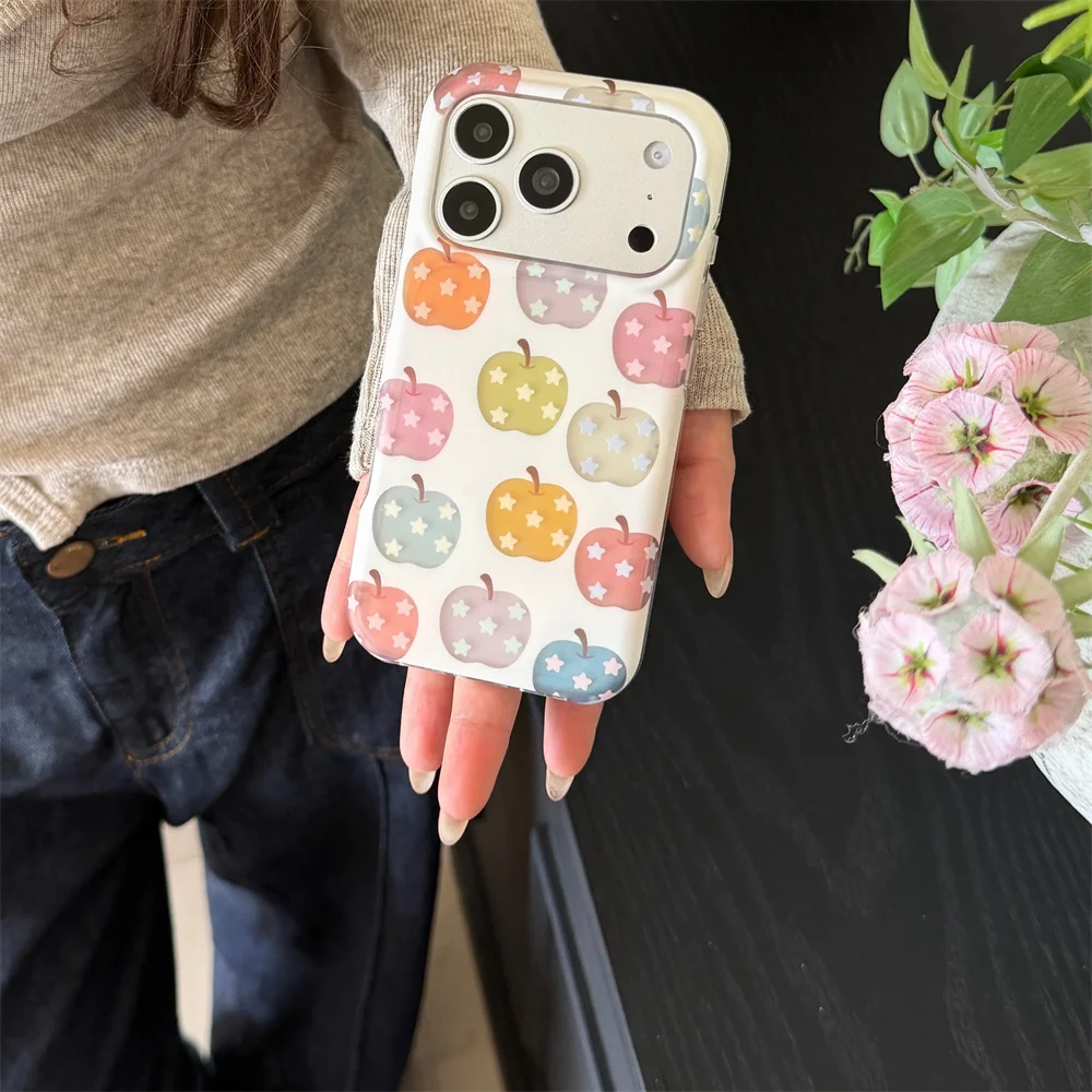 Cute Colorful Star Apple Phone Case For iPhone 15 16 17 Pro Max Pastel Fruit Print Camera Frame Shockproof Protective Cover