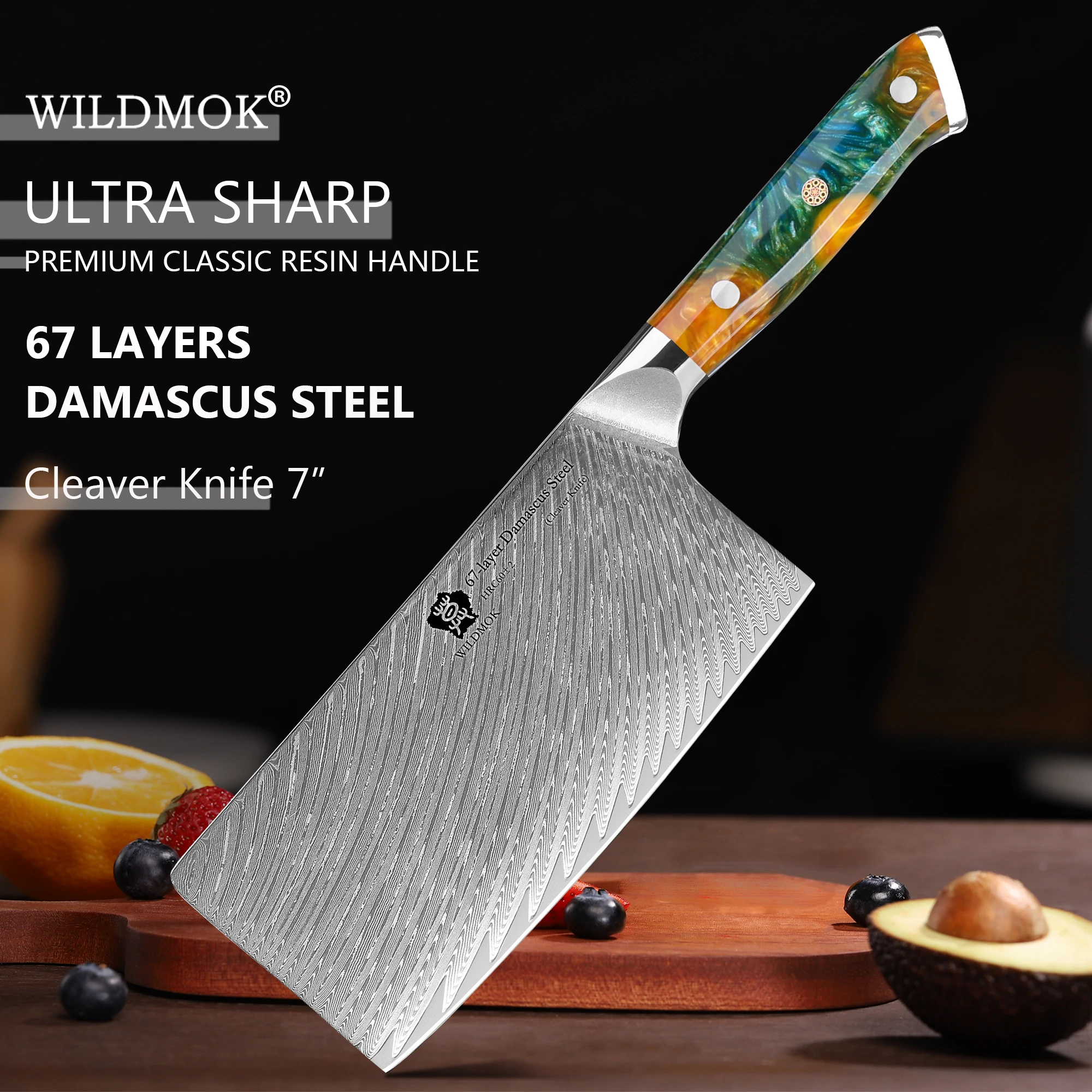 

WILDMOK 7 Inch Japanese Damascus VG10 Steel Core Vegetable Heavy Duty Blade Cleaver Knife with Resin Handle