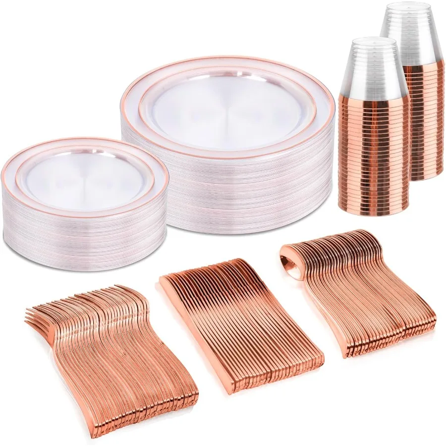 

150PCS Clear Rose Gold Disposable Dinnerware Set for Elegant Parties Weddings and Mother's Day Celebrations Includes 25 Dinner
