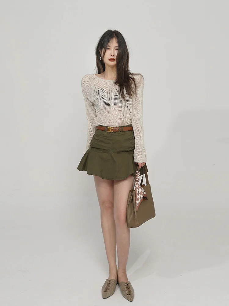 

Akimbo Retro Miu Sle Skirt ortie Butt Lifting Workwear Pleated High Waist Cotton Daily High Waist Skirt