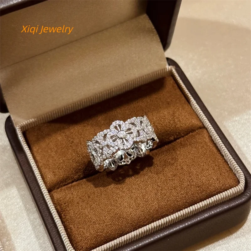 

Xiqi Jewelry - Designer Fashion 925 Sterling Silver Ring with Full Diamond Inlay, Clover Design, Vintage Hollow-out, High-end Je