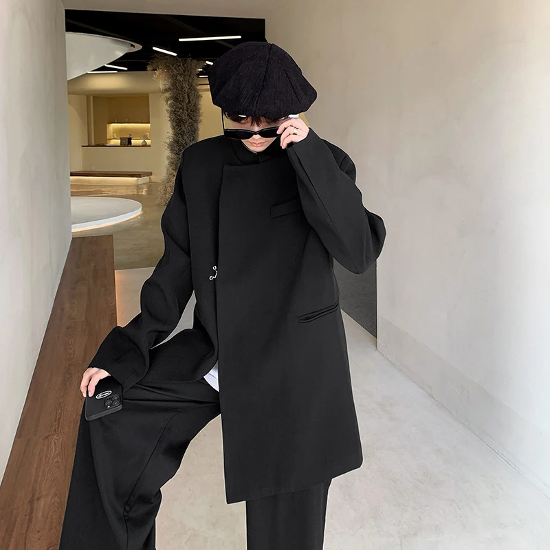 Classic Men's Long Sleeve Tunic Suit Zhongshan Casual Loose Fit Jacket Solid Color Stand Collar Asymmetric Button