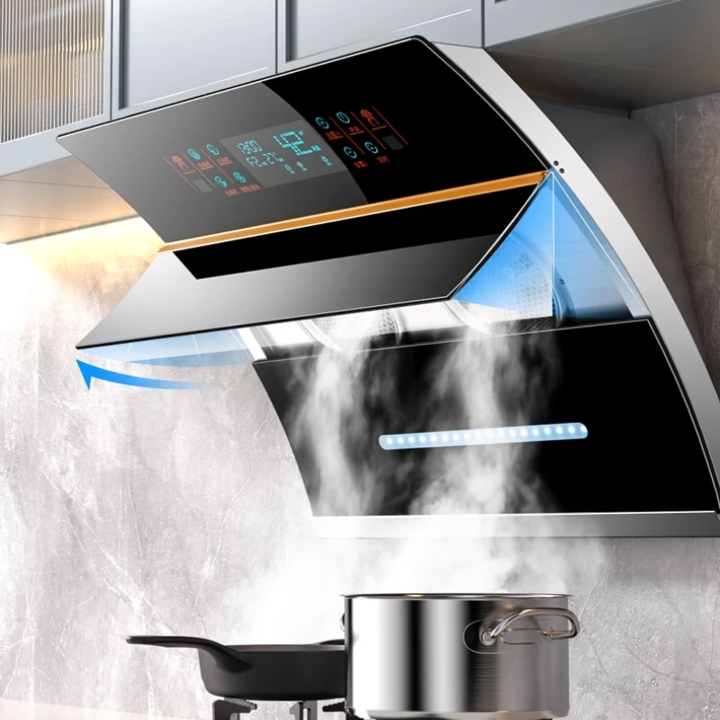 Chimney Range Hoods Smart Home Kitchen Extractor Wall-Mounted LED Vented Glass Panel AI Voice Control Dual Copper Motors