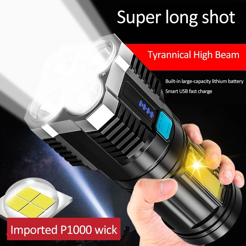 4-Core Flashlight Super Bright Rechargeable Flashlight Multi LED Long-Range Spotlight COB Light For Outdoor Fishing