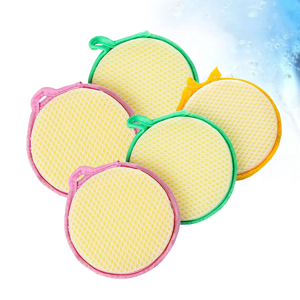 5pcs Double-side Round Sponge Scouring Pad Home Household Kitchen Dishwashing Sponge Cleaning Pad Sponge Cloth (Random Color)