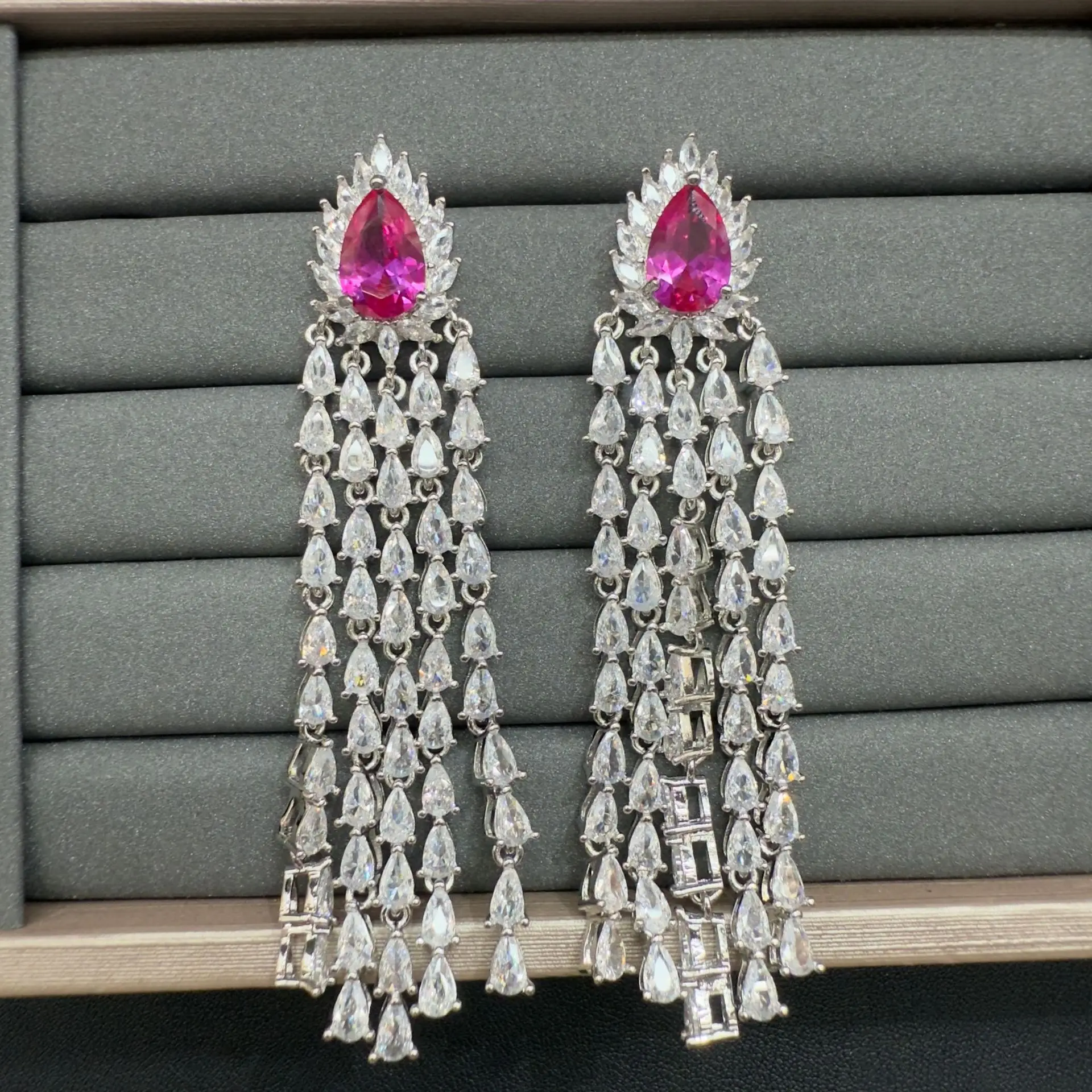 

women long earrings zirconia luxury jewelry white pink red purple multicolor small water drop tassel dangling earrings unique