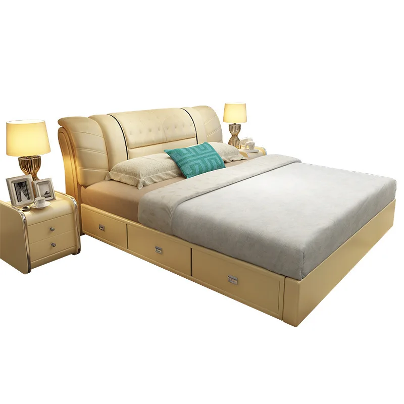 

Leather bed, simple modern double bed, small apartment, storage soft bag bed