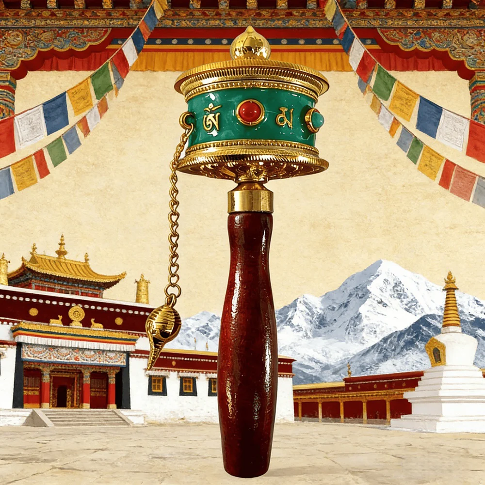Small Tibetan hand cranked prayer wheel, Painted Drip-Oil style Six character mantra Drum, Buddhist handicrafts prayer ornament