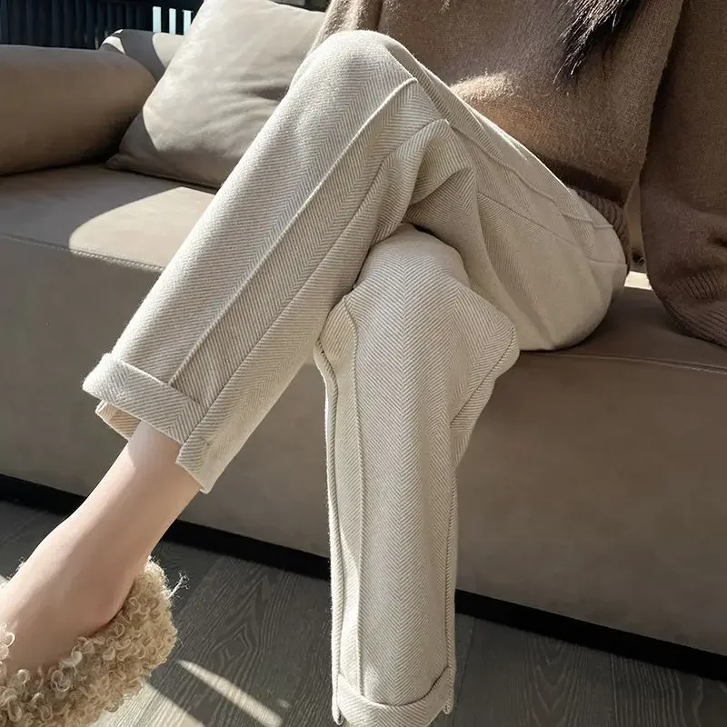 

High-waisted Tweed Straight Pants 2023 Autumn/Winter New Women' S Pants Loose Casual Herringbone Warm Thickened Cropped Pants