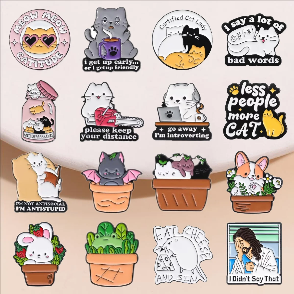 Cartoon Cat Series Enamel Pin Fun Animal Potted Plants Metal Brooch Creative Lapel Badge Hat Deco Jewelry Gift Custom Wholesale